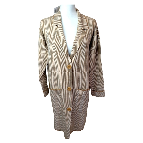 Nine West NWT Medium Chevron Long Cardigan Coat Autumn Brown White Retail $88 - Picture 1 of 10